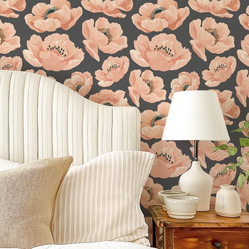 Peach Poppies On Gray Elegant Floral Wallpaper