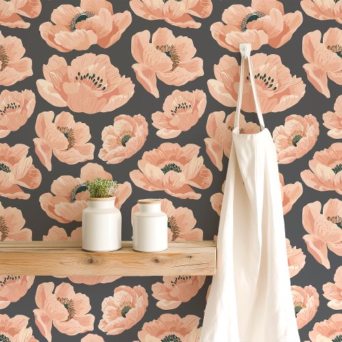 Peach Poppies On Gray Elegant Floral Wallpaper