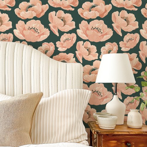 Peach Poppies On Green Elegant Floral Wallpaper