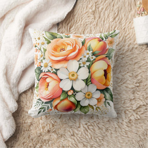 Peach Poppies & Peonies Floral Throw Pillow