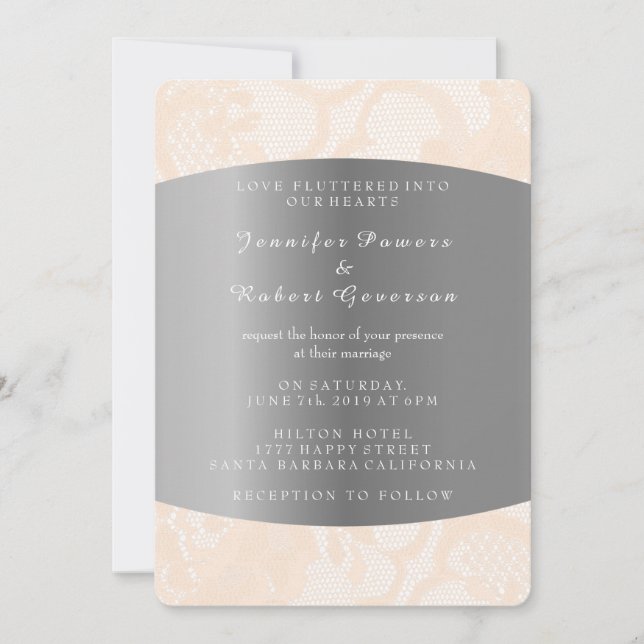 Peach Powder Lace Silver Wedding Royal Invitation (Front)