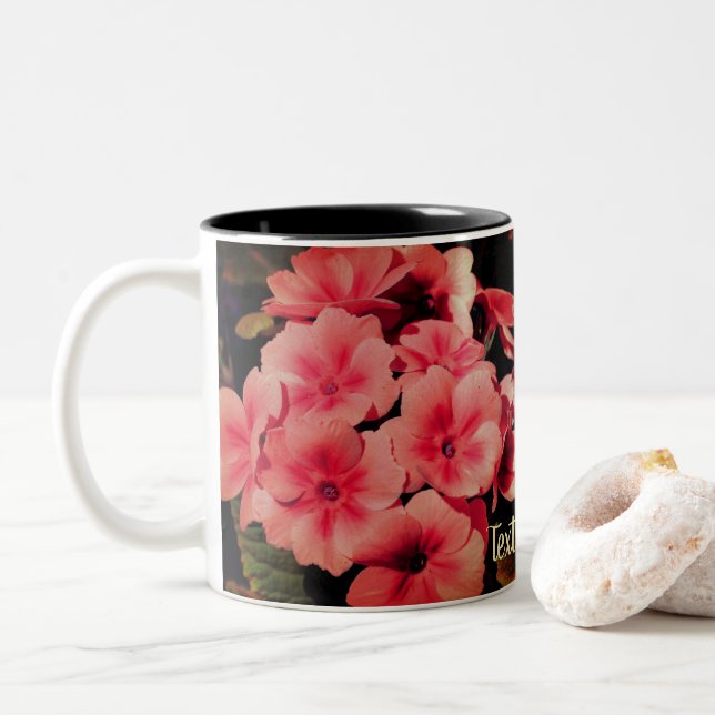 Peach Primrose Flower Art Personalized Two-Tone Coffee Mug (With Donut)