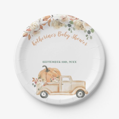Peach Pumpkin Rustic Greenery Floral Truck Party Paper Plates