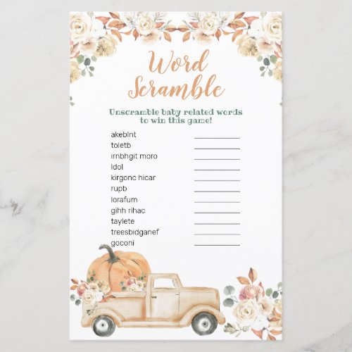 Peach Pumpkin Rustic Truck Word Scramble