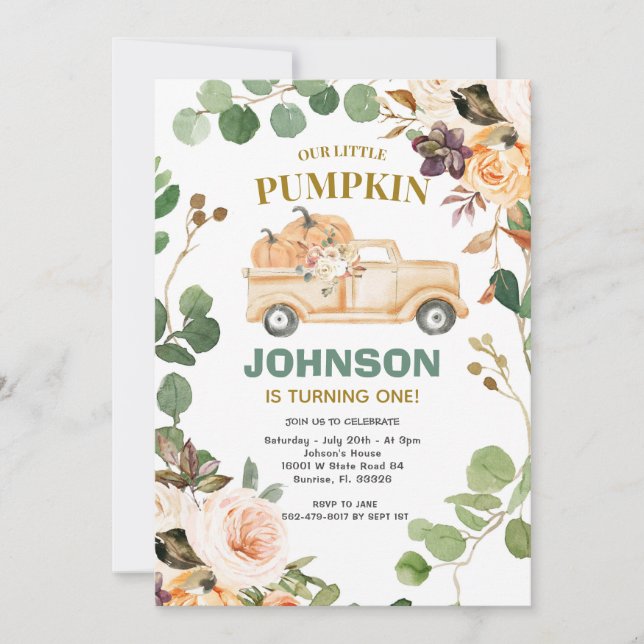 Peach Pumpkin Truck Party Fall 1st Birthday Invitation (Front)