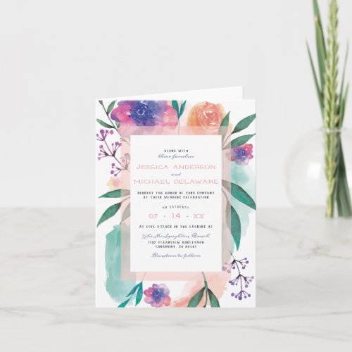 Peach  Purple Aquarelle Sprigs Floral Wedding Invitation