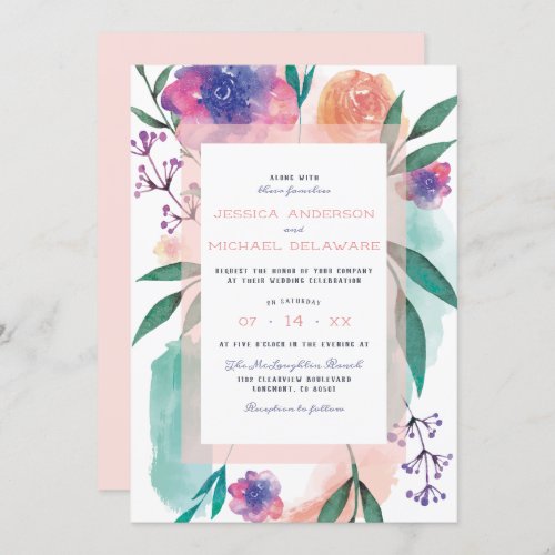 Peach  Purple Aquarelle Sprigs Floral Wedding Invitation