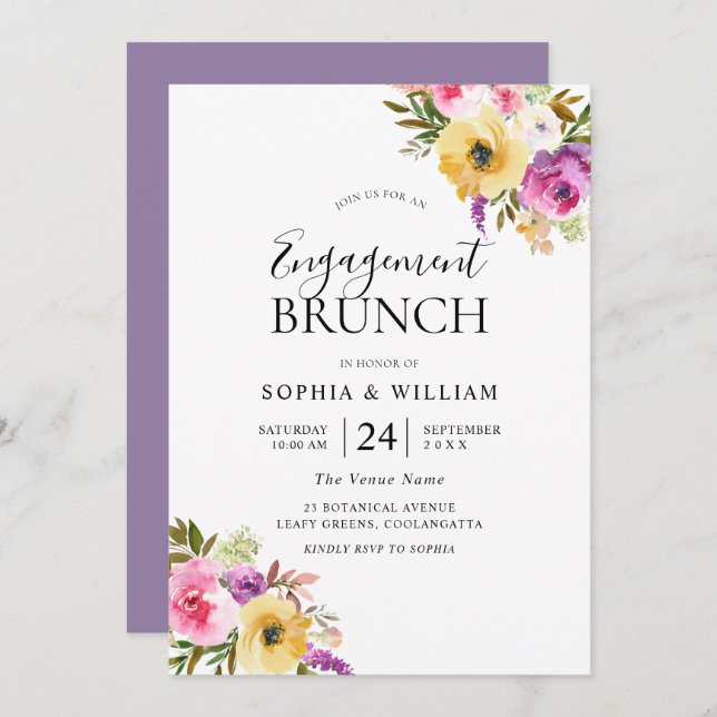 Peach Purple Blush Flowers Engagement Party Brunch Invitation (Front/Back)
