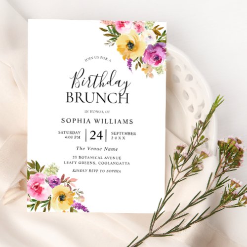 Peach Purple Blush Womans Birthday Party Brunch Invitation