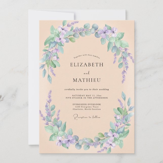 Peach Purple Botanical Watercolor Wedding Invitation (Front)