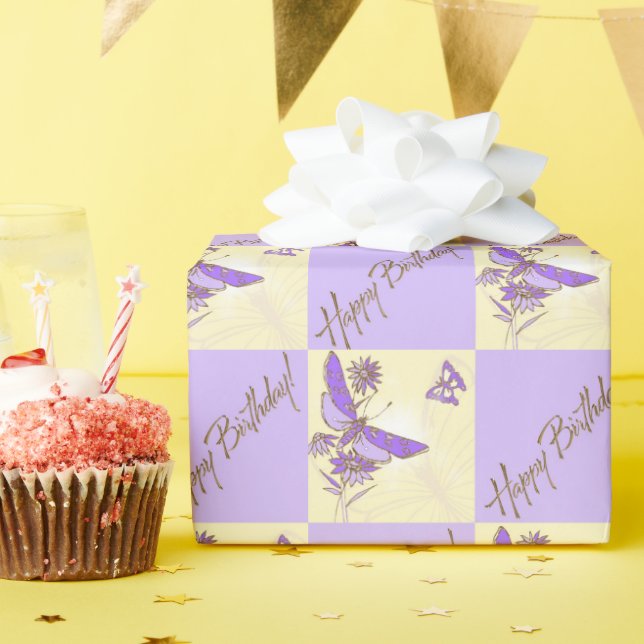 Peach Purple Butterfly Birthday Wrapping Paper (Birthday Party)