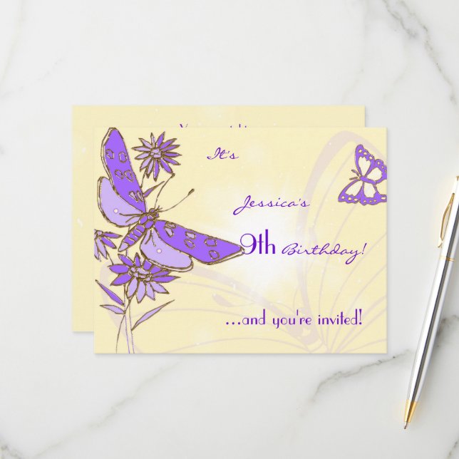 Peach Purple Butterfly Invitation Card (Front/Back In Situ)