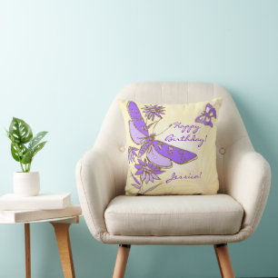 Peach Purple Butterfly Throw Pillow