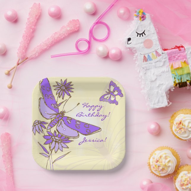 Peach Purple Butterfly Throw Pillow Paper Plates (Party)