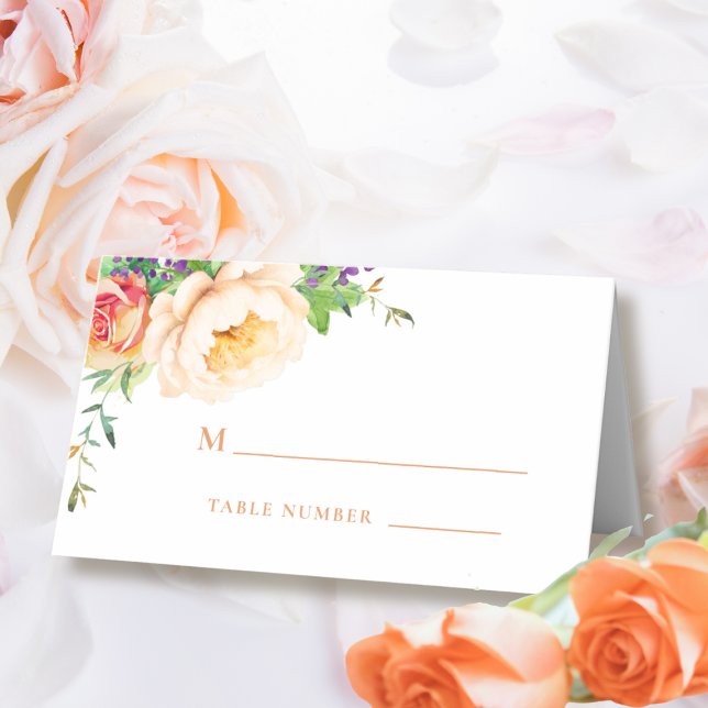 Peach Purple Cream Watercolor Floral Monogram  Place Card (Creator Uploaded)