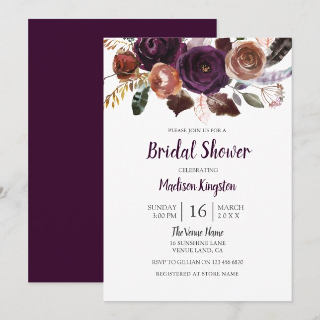 Peach & Purple Cute Floral Bridal Shower Invite (Front/Back)
