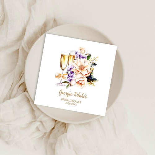 Peach Purple Floral Champagne Glass Bridal Shower Napkins