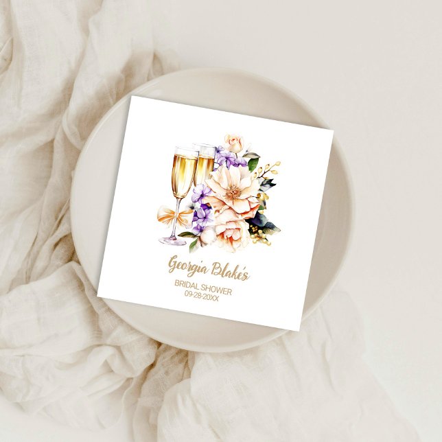 Peach Purple Floral Champagne Glass Bridal Shower Napkins (Creator Uploaded)