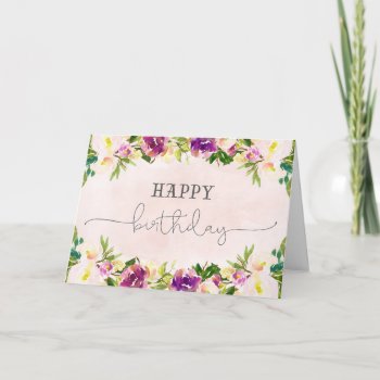 Peach Purple Floral Watercolor Happy Birthday Card by melanileestyle at Zazzle