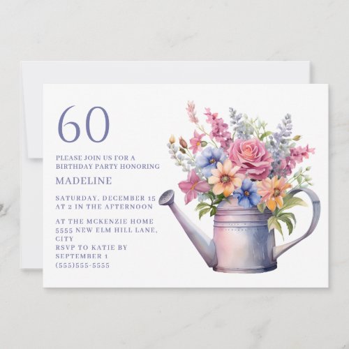 Peach Purple Floral Watering Can 60th Birthday Invitation