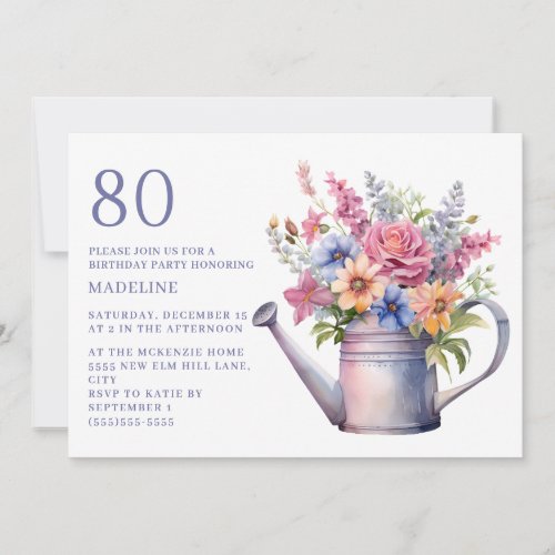 Peach Purple Floral Watering Can 80th Birthday Invitation