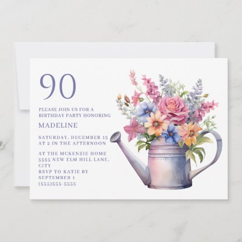 Peach Purple Floral Watering Can 90th Birthday Invitation