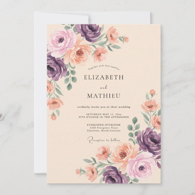 Peach Purple Floral Wedding Invitation (Front)