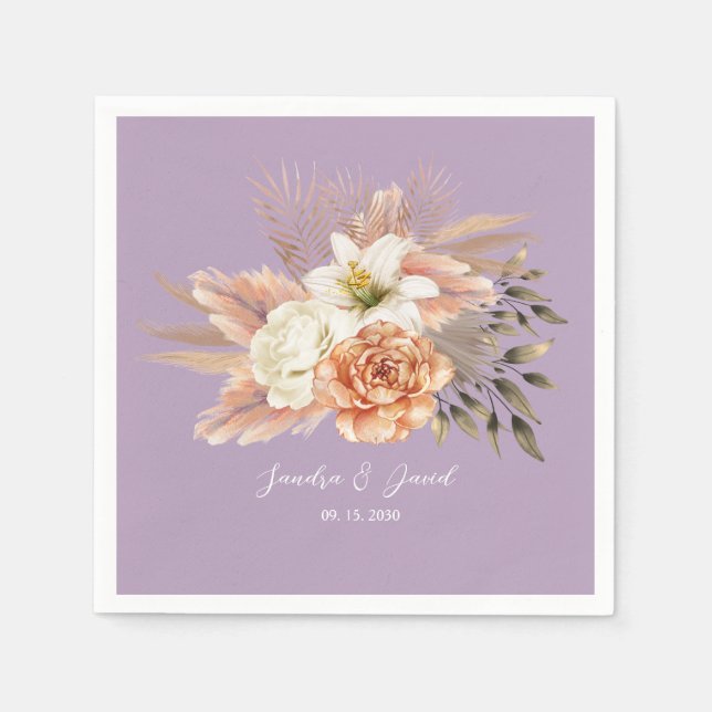 Peach Purple Floral Wedding Napkins (Front)