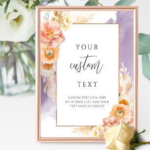 Peach Purple Floral Wedding Sign with Custom Text
