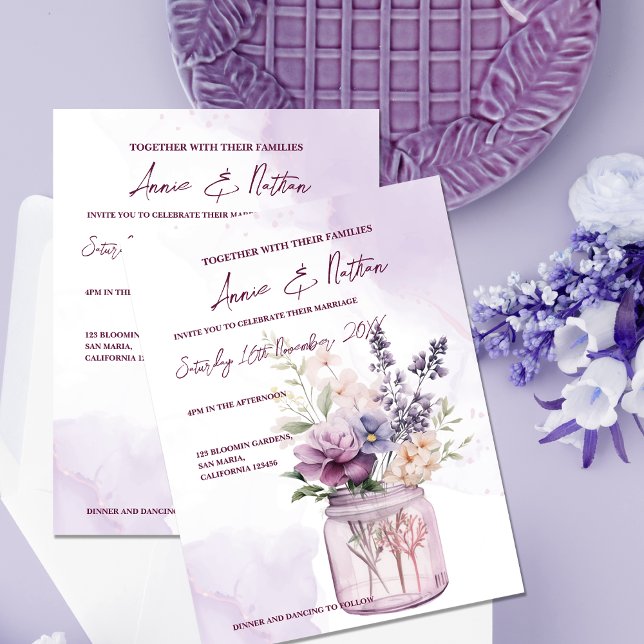 Peach Purple Flowers In Mason Jar Wedding Invite (Peach Purple Flowers In Mason Jar Wedding Invitation)