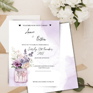 Peach Purple Flowers In Mason Jar Wedding Invite