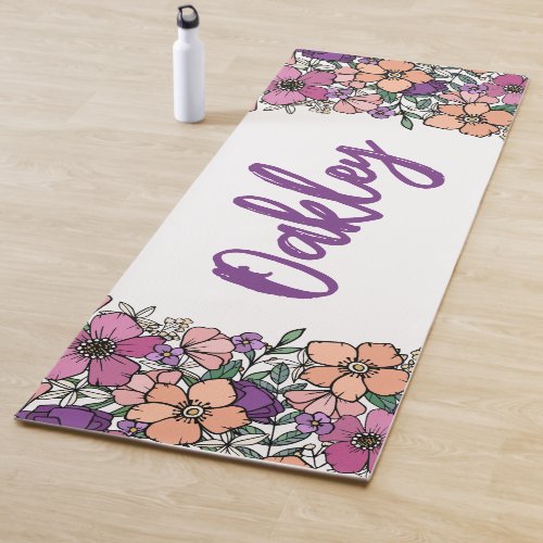 Peach Purple Flowers Name in Brush Script Yoga Mat