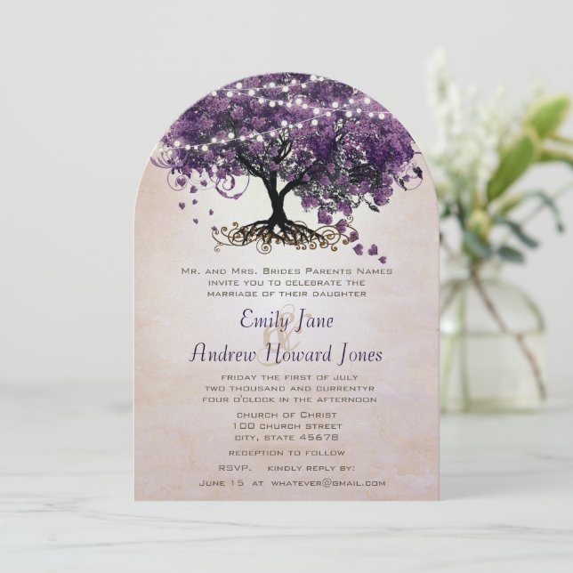 Peach Purple Heart Leaf Tree Wedding   Invitation (Standing Front)
