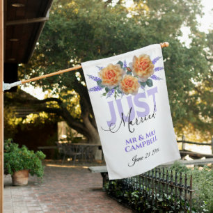 Peach & Purple Just Married Date Wedding House Flag