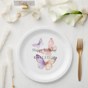 Peach Purple Lavender Butterflies Birthday Paper Plates