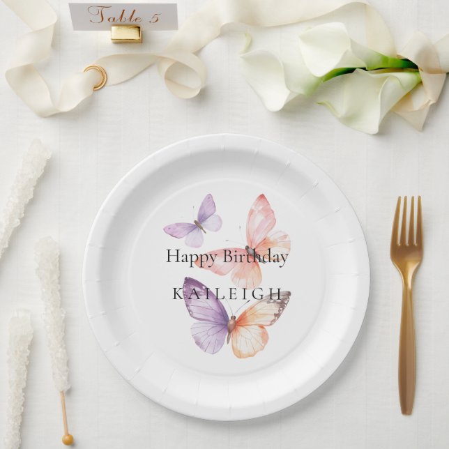Peach Purple Lavender Butterflies Birthday Paper Plates (Wedding)