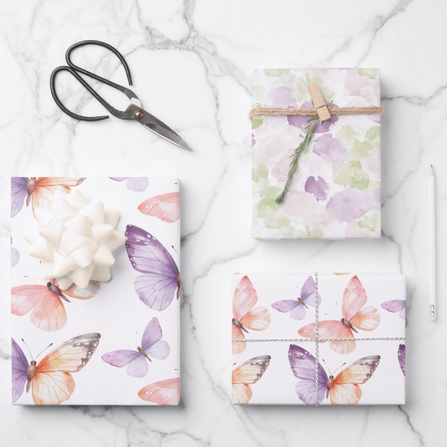Peach Purple Lavender Butterflies Birthday Wrapping Paper Sheets (Front)