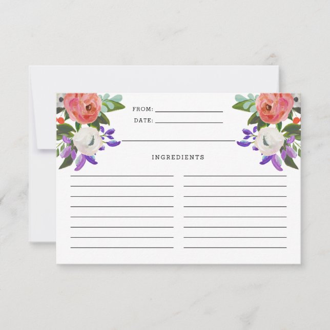 Peach Purple Mint Green Floral Blooms Recipe Card (Front)