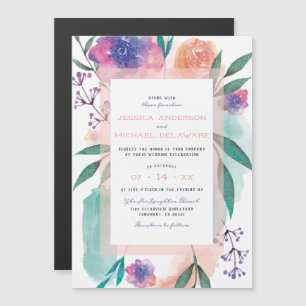 Peach & Purple Watercolor Blooms Floral Wedding Magnetic Invitation