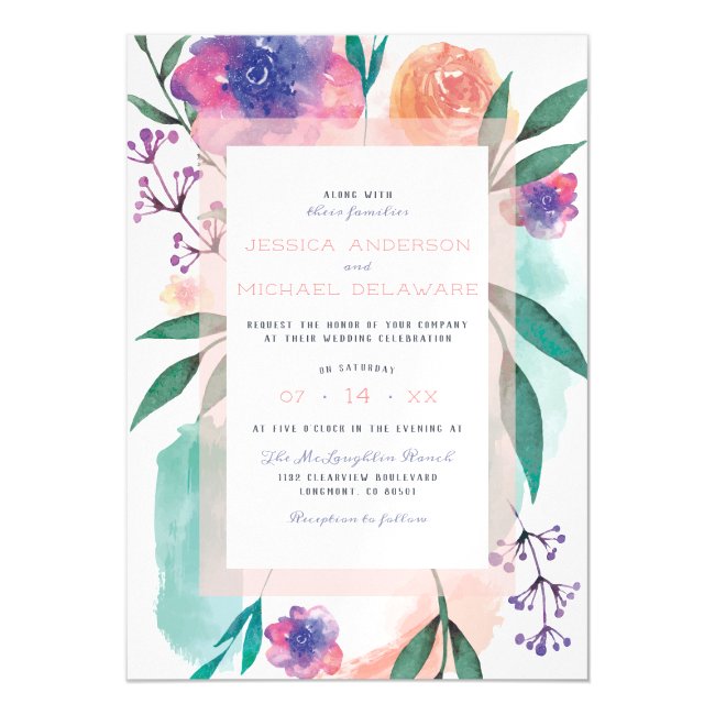 Peach & Purple Watercolor Blooms Floral Wedding Magnetic Invitation