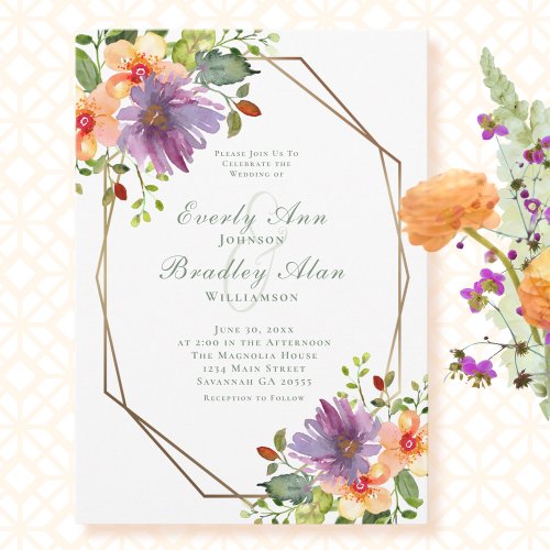 Peach Purple Watercolor Floral Modern Bold Wedding Invitation