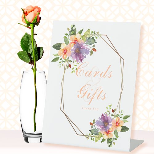 Peach Purple Watercolor Floral Octagon Card Gifts Pedestal Sign