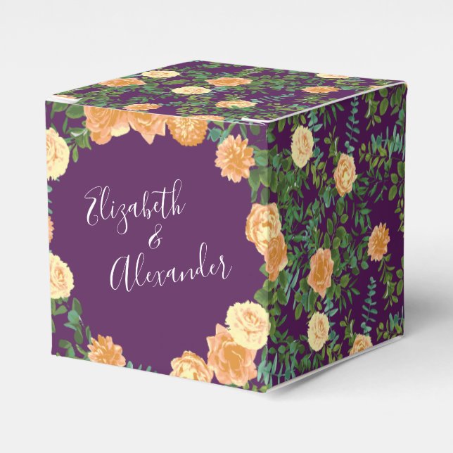 Peach Purple Wedding Floral Roses Favor Boxes (Front Side)