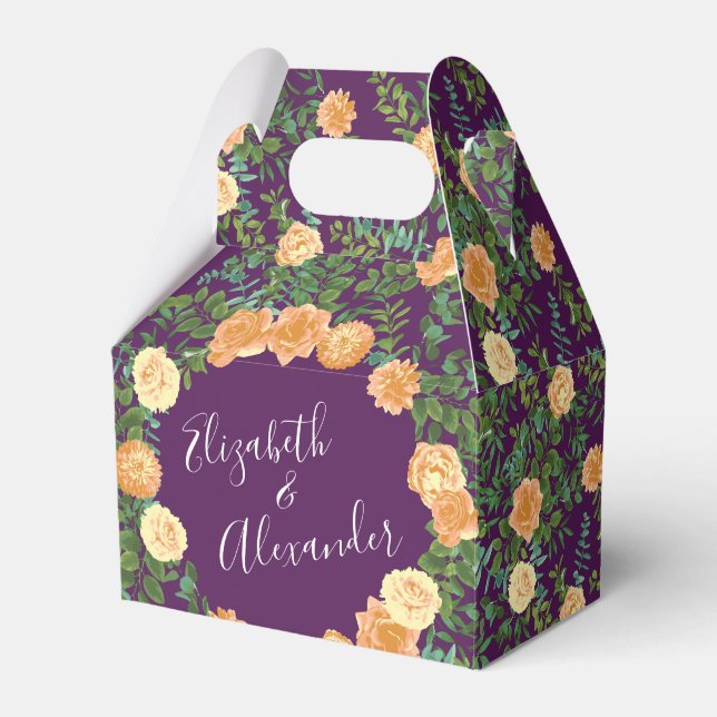 Peach Purple Wedding Floral Roses Favor Boxes (Front Side)
