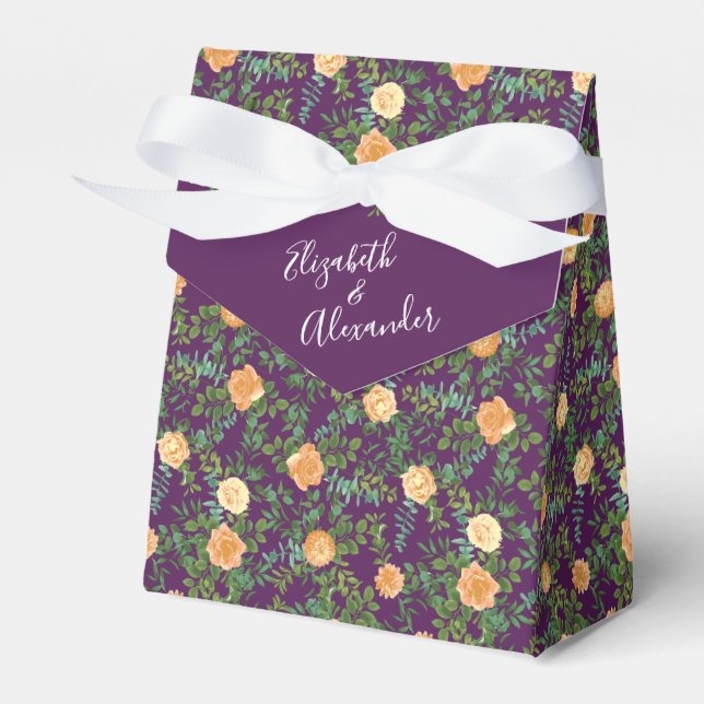 Peach Purple Wedding Floral Roses Favor Boxes (Front Side)
