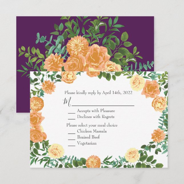Peach Purple Wedding Floral Roses Invitation (Front/Back)