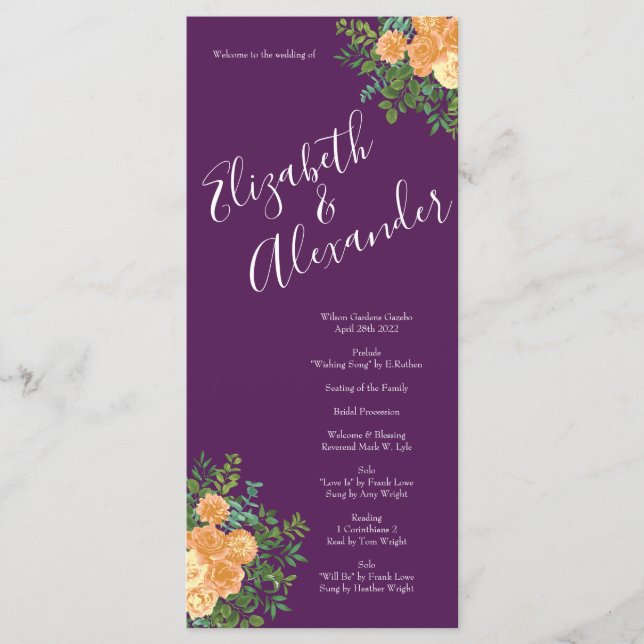 Peach Purple Wedding Floral Roses Menu (Front)