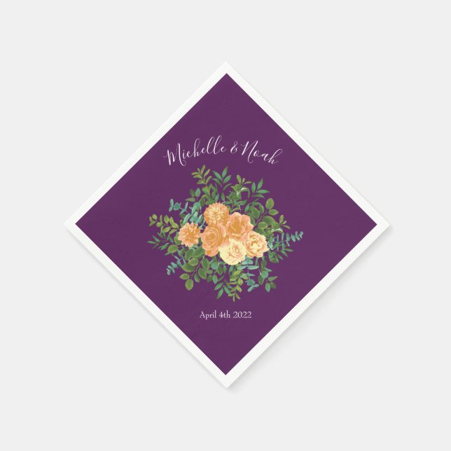 Peach Purple Wedding Floral Roses Napkins (Corner)
