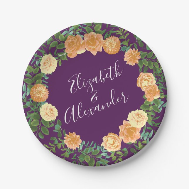 Peach Purple Wedding Floral Roses Paper Plates (Front)
