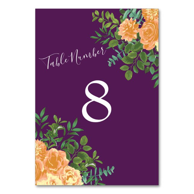 Peach Purple Wedding Floral Roses Table Number (Back)